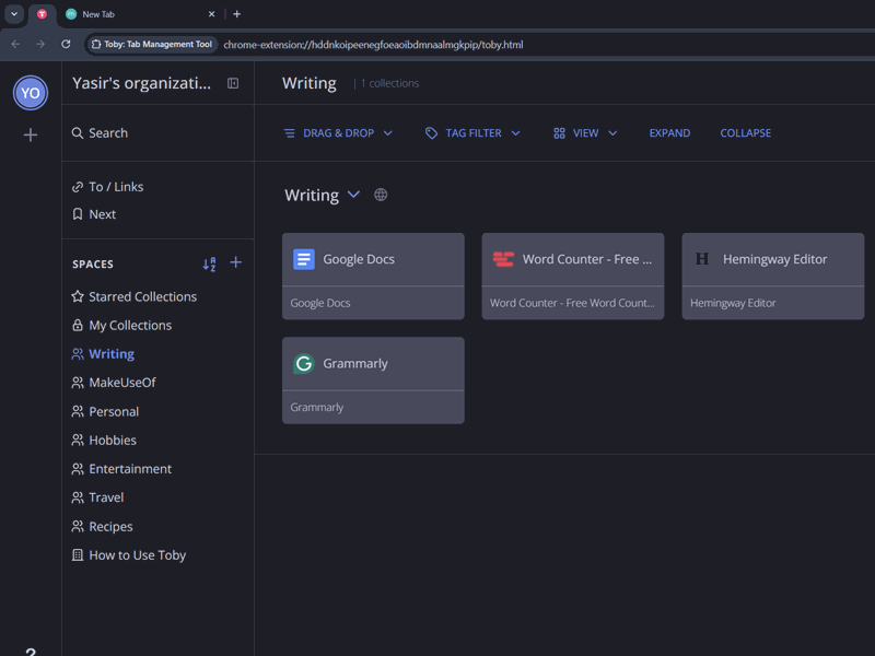 پیش‌نمایش مدیریت برگه‌های Toby که تب‌ها را در مجموعه نوشتن نمایش می‌دهد