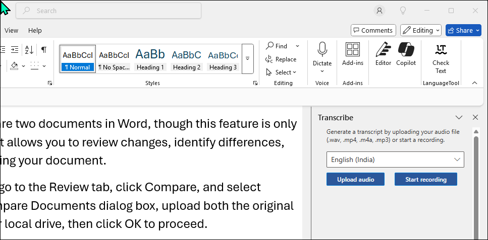 منوی Transcribe باز در برنامه Word در ویندوز ۱۱
