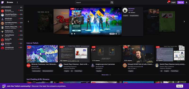 صفحه اصلی Twitch با گزینه‌های استریم مه 2025