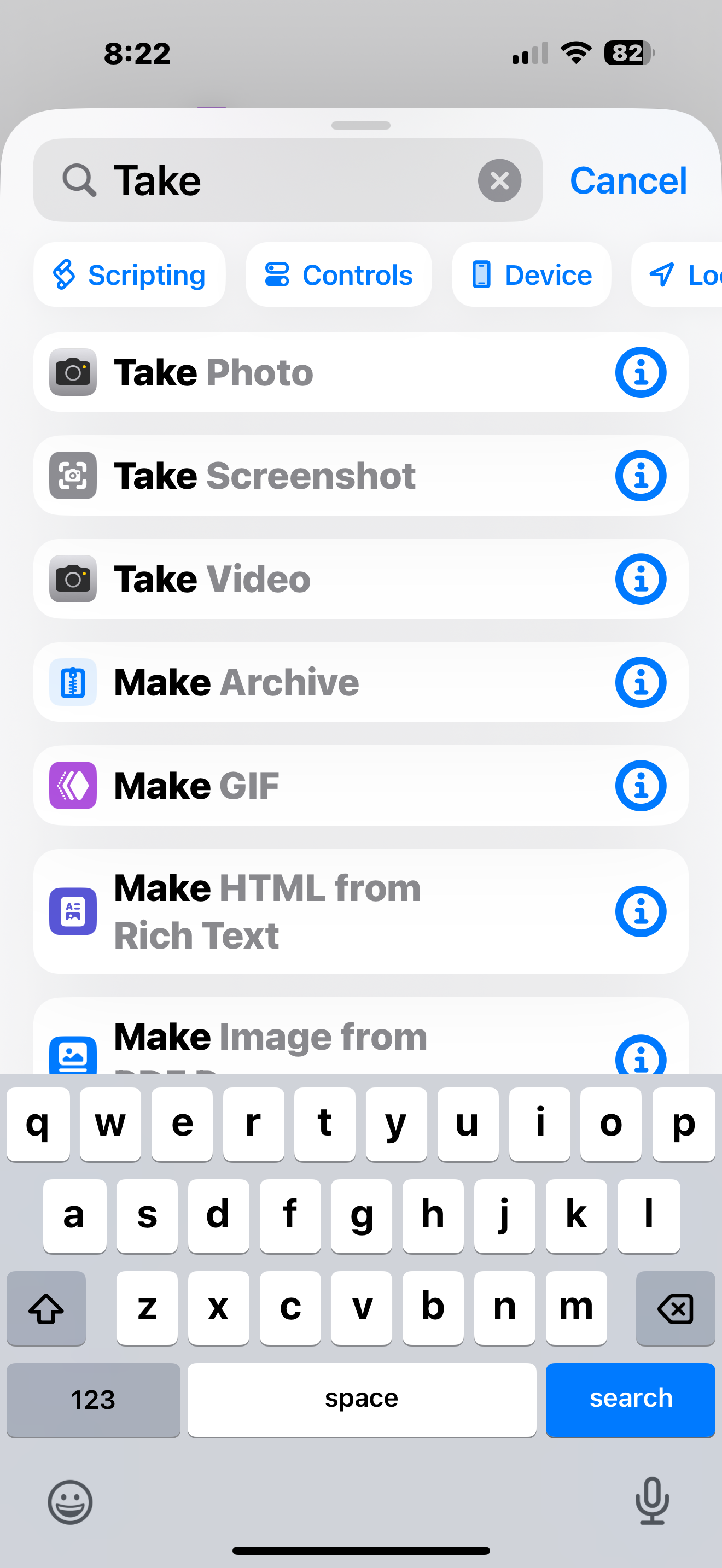 در جستجوی عملیات Take Screenshot در برنامه Shortcuts