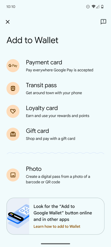 انواع کارت‌های موجود برای اضافه کردن در کیف پول گوگل