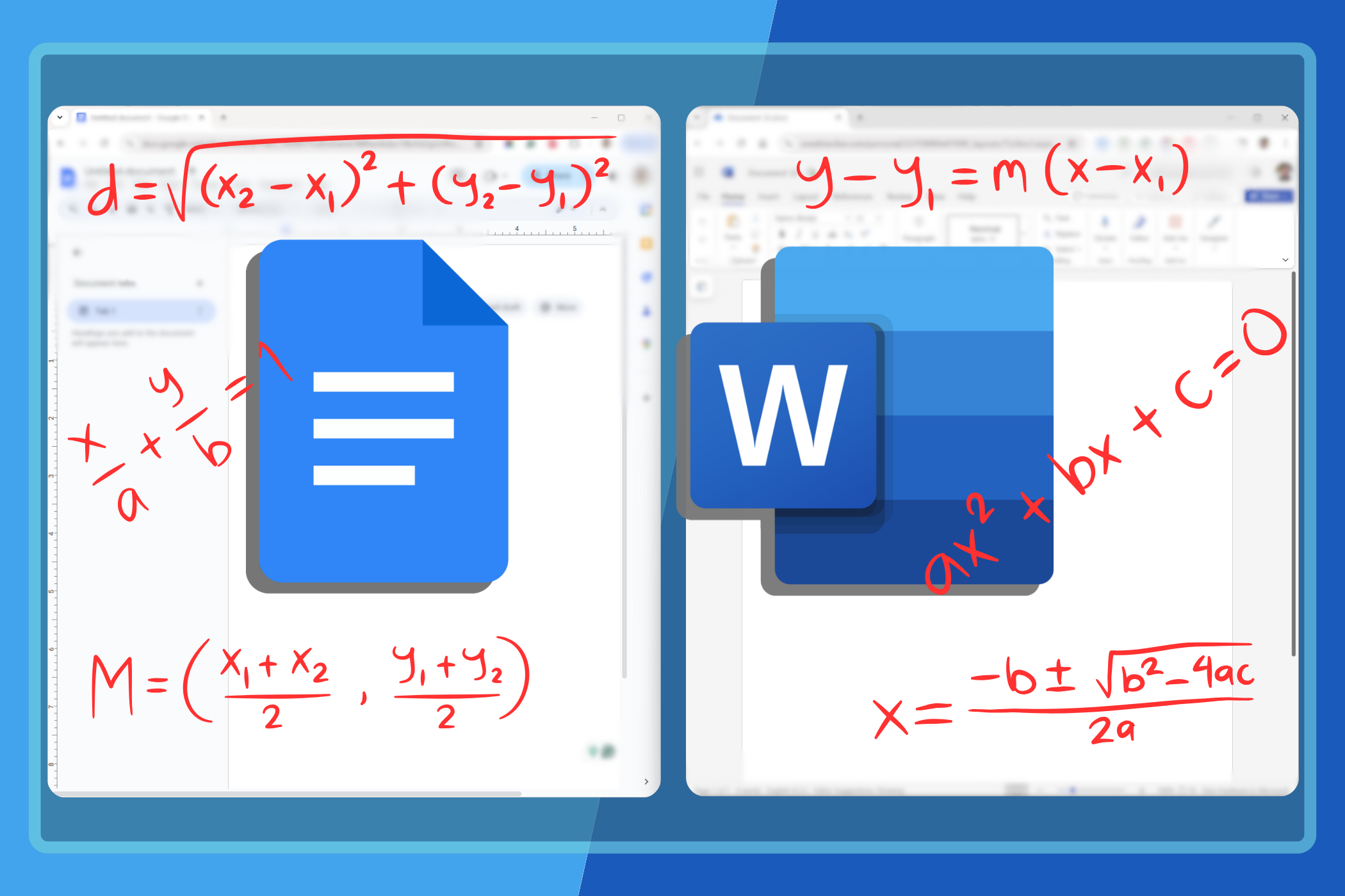 پنجره Word در کنار پنجره Google Docs همراه با لوگوها و معادلات