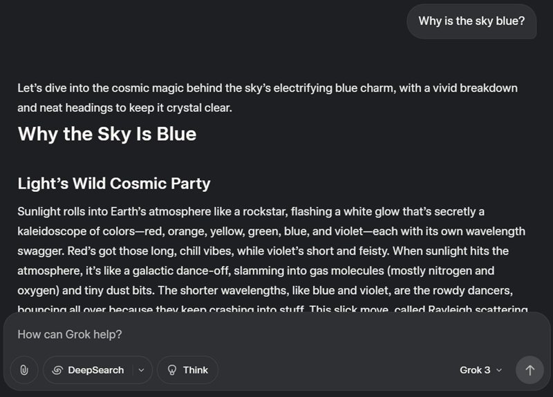 یک تصویر صفحه نمایش از پاسخی که توسط Grok به یک پرامپت عمومی ارائه شده است