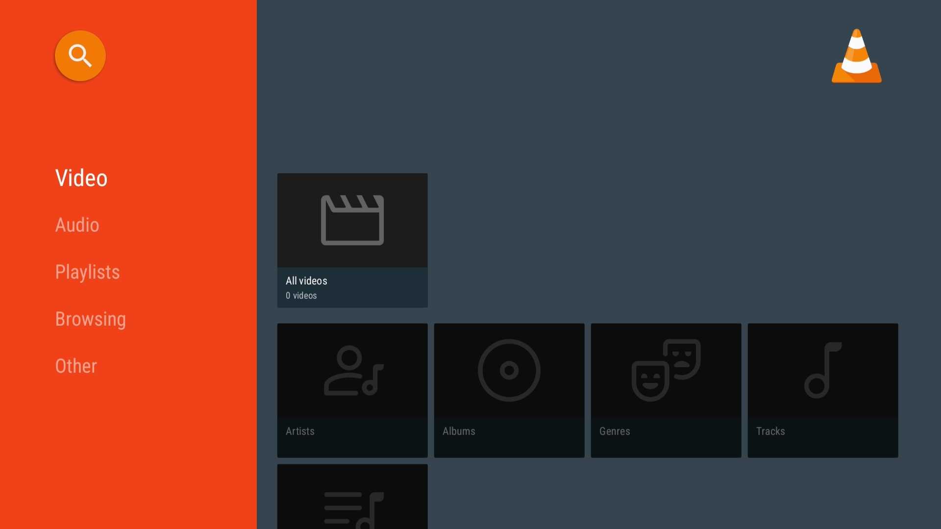 صفحهٔ اصلی برنامه VLC در تلویزیون گوگل