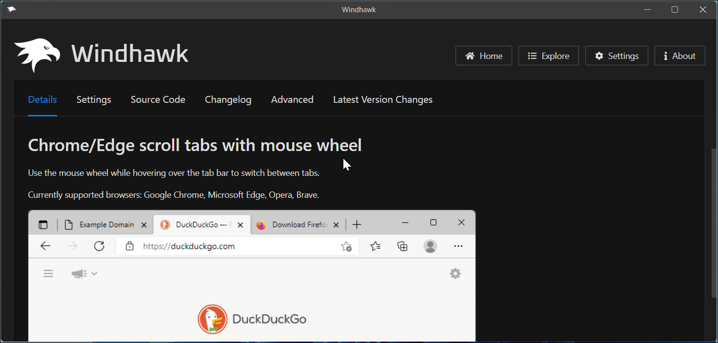 برنامه Windhawk نمایش جزئیات صفحه مد اسکرول تبها در Chrome/Edge با چرخ ماوس