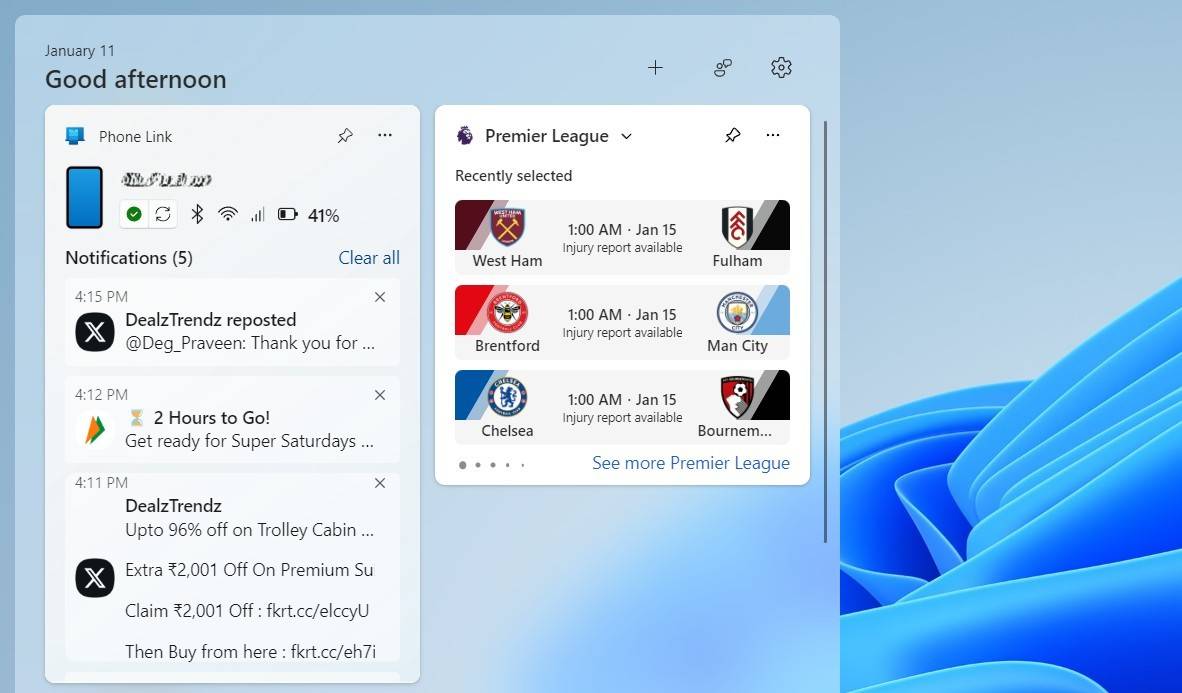 پانل ویجتهای ویندوز ۱۱ نمایش برنامه Phone Link-1