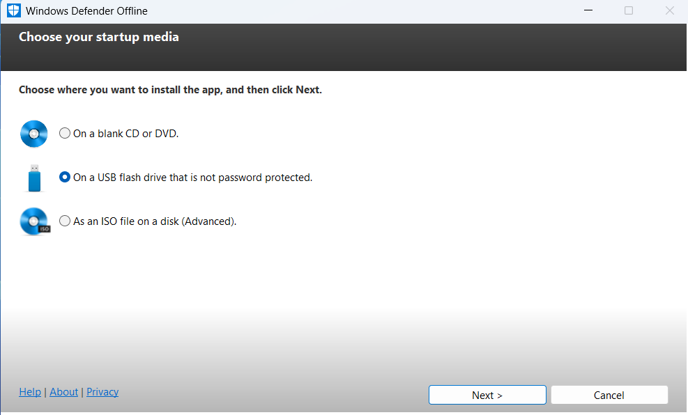 پنجرهٔ اسکن Windows Defender Offline
