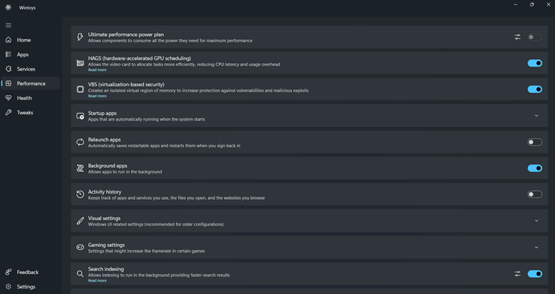 منوی بهینه‌سازی عملکرد Wintoys