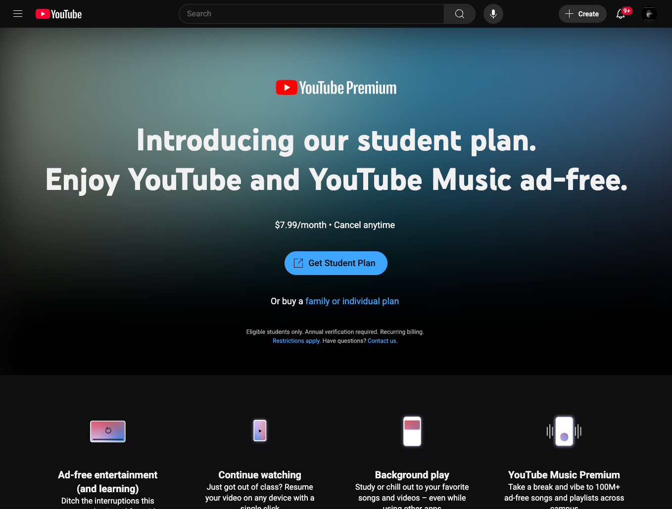 YouTube Premium دانشجویی