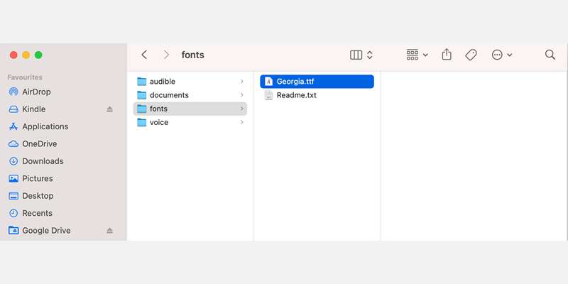 تصویر از OS Finder که ساختار فایل‌های آمازون کیندل را با قلم انتخاب‌شده نشان می‌دهد