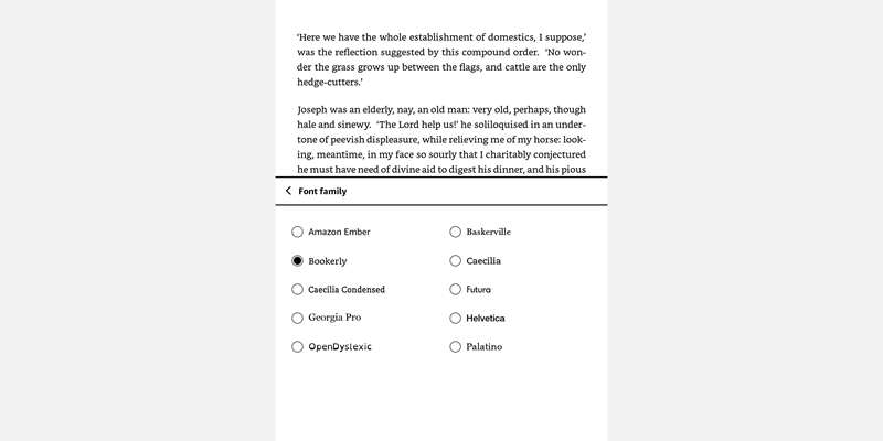 تصویر از منوی خانوادهٔ قلم‌های آمازون کیندل که قلم جدید جرجیا پرو را نشان می‌دهد