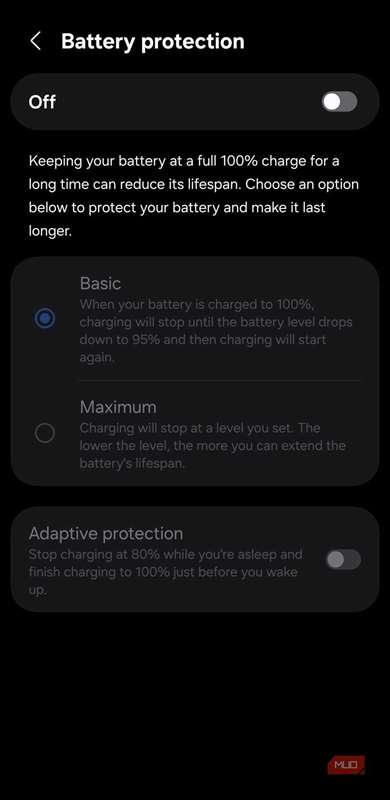 صفحه حفاظت باتری که ویژگی غیرفعال شده و گزینه‌ها خاکستری هستند