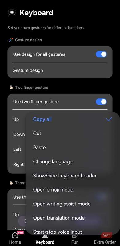 انتخاب کنید هر سوایپ چه کاری انجام دهد، مانند کپی، چسباندن، بازگردانی یا انجام مجدد
