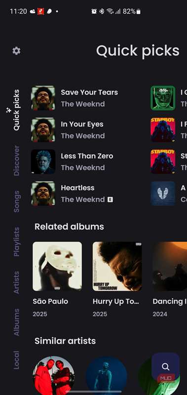 صفحهٔ پیشنهاد «انتخاب‌های سریع» در برنامهٔ موسیقی ViTune