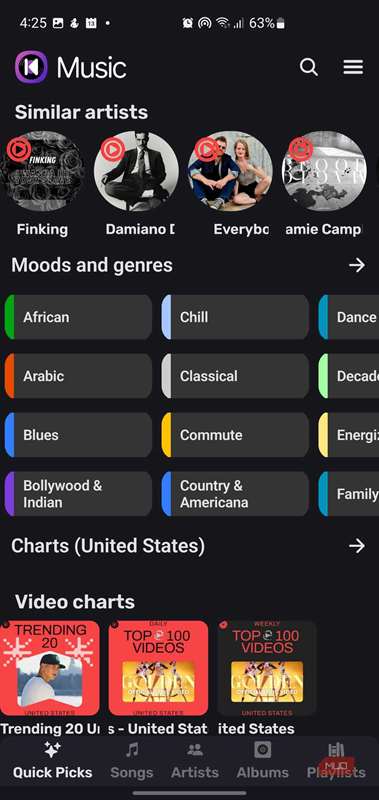 صفحهٔ انتخاب‌های سریع برنامهٔ موسیقی Kreate
