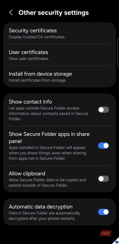 صفحه تنظیمات امنیت و حریم خصوصی در سامسونگ