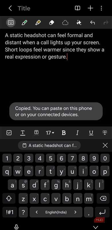 بالا سوایپ با دو انگشت برای کپی فوری متن