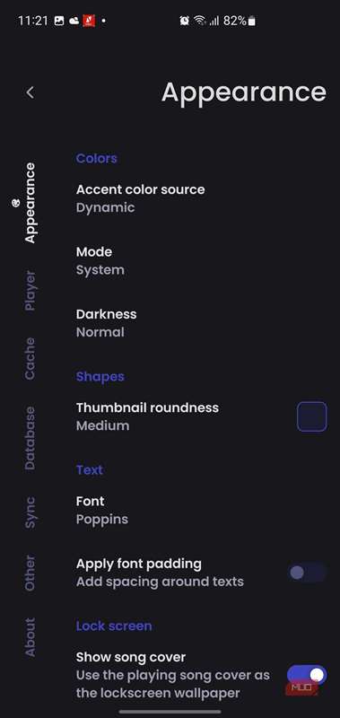 منوی تنظیمات «ظاهر» برنامهٔ موسیقی ViTune