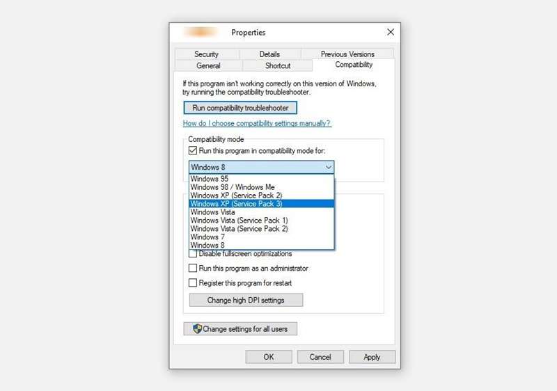 اجرای برنامه در حالت سازگاری