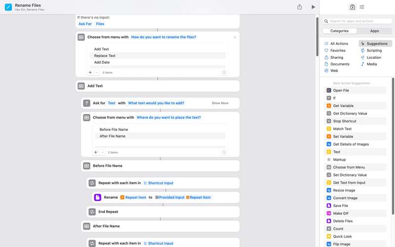 اقدامات شورتکات Rename Files در برنامه Shortcuts