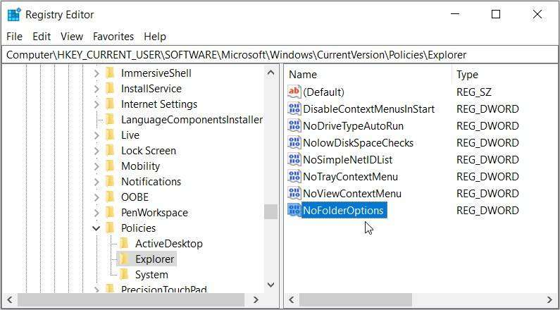 افزودن مقدار «NoFolderOptions» در ویرایشگر رجیستری