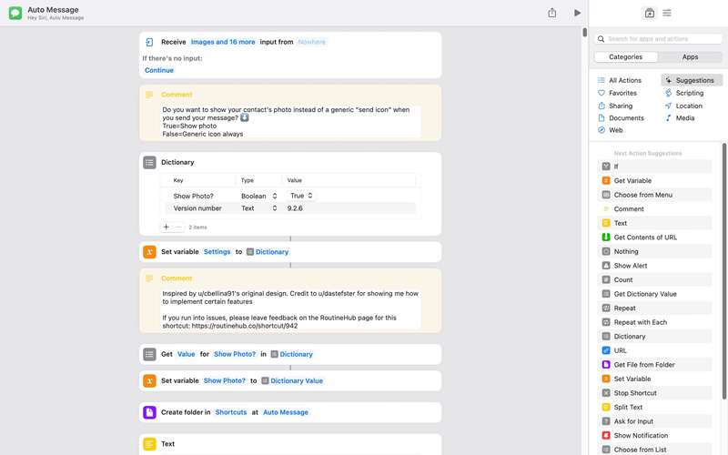 اقدامات شورتکات Auto Message در برنامه Shortcuts