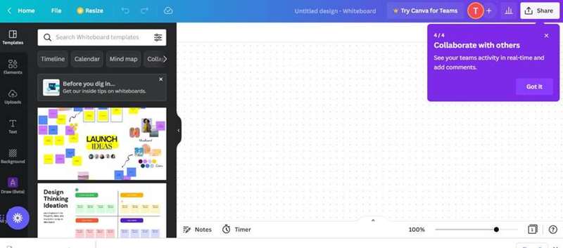 تابلوهای سفید کانوا با حباب گفتاری بنفش که نکته همکاری با دیگران را نشان می‌دهد