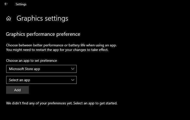 انتخاب برنامه فروشگاه مایکروسافت در تنظیمات گرافیک