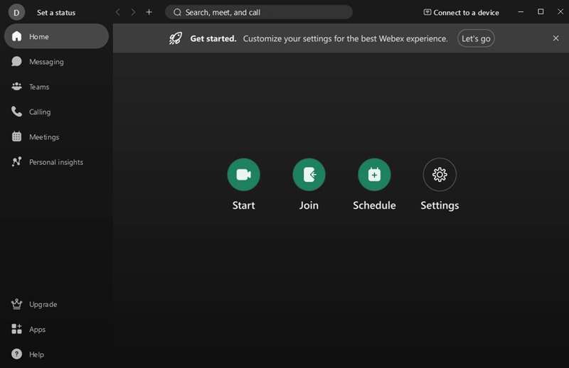 صفحه اصلی برنامه Cisco Webex برای ویندوز 10