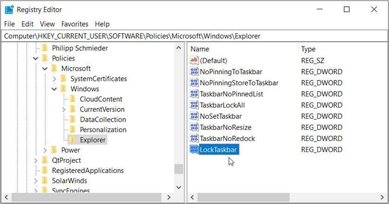 کلیک کردن روی مقدار «LockTaskbar» در ویرایشگر رجیستری