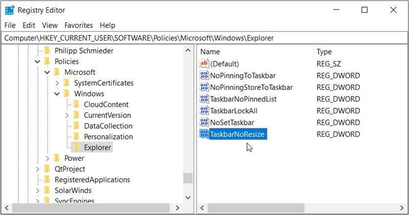 کلیک کردن روی مقدار «TaskbarNoResize» در ویرایشگر رجیستری