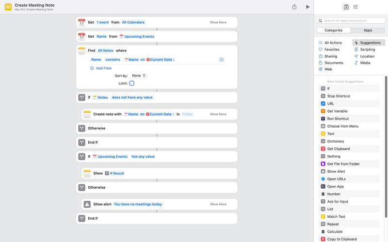 اقدامات شورتکات Create Meeting Note در برنامه Shortcuts