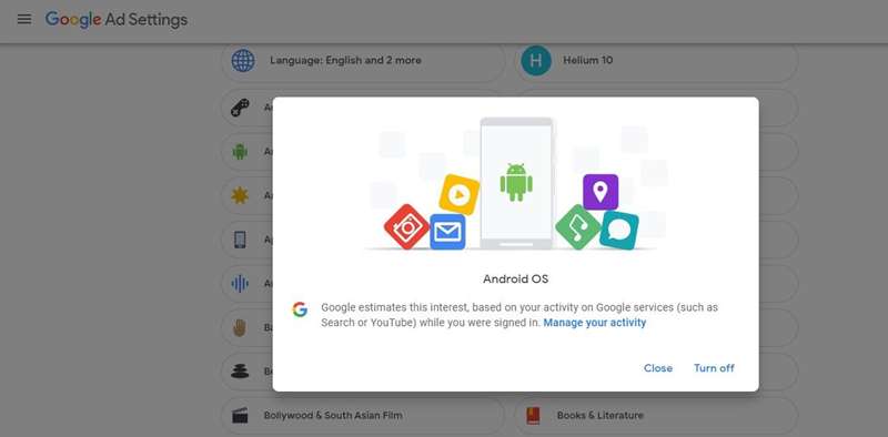 غیرفعال‌سازی دسته‌های فردی برای نمایش تبلیغات در صفحهٔ تنظیمات تبلیغات گوگل