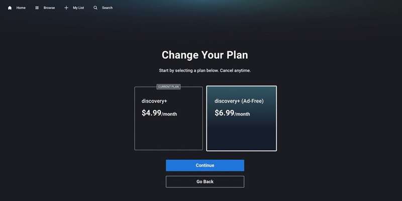 اطلاعات پلن‌های Discovery+ بر روی پس‌زمینهٔ سیاه