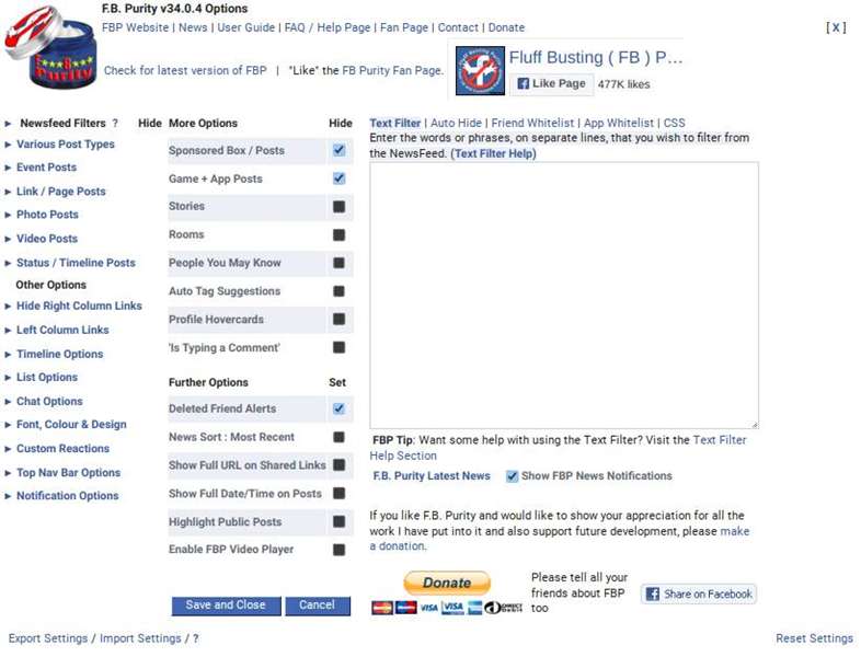 منوی FB Purity در فیسبوک