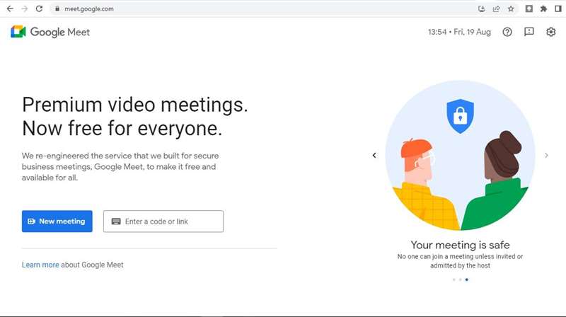 صفحه اصلی وب‌سایت Google Meet