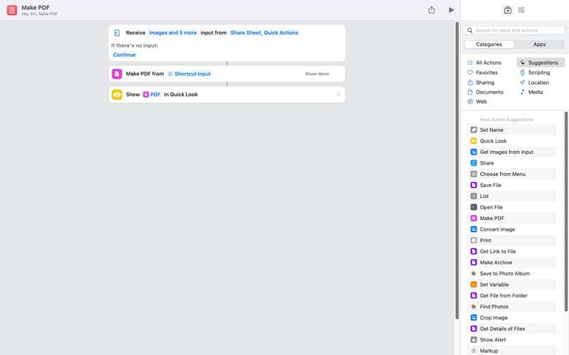 اقدامات شورتکات Make PDF در برنامه Shortcuts