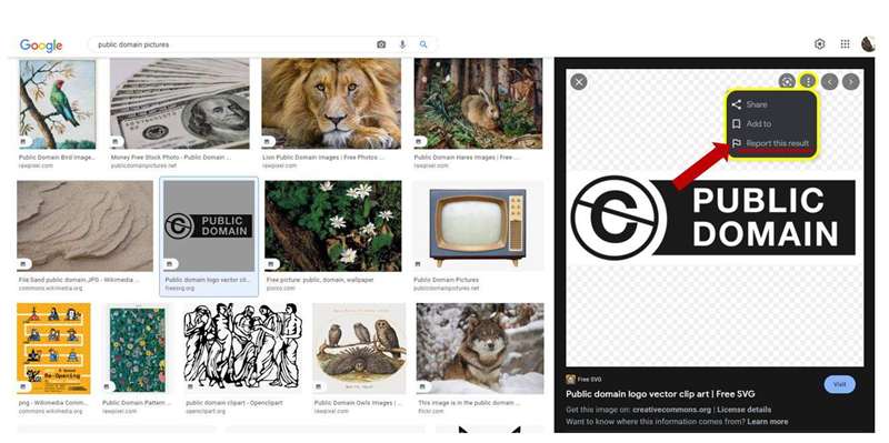 نتیجه گزارش در تصاویر Google با استفاده از لوگوی «دامنه عمومی» به عنوان مثال