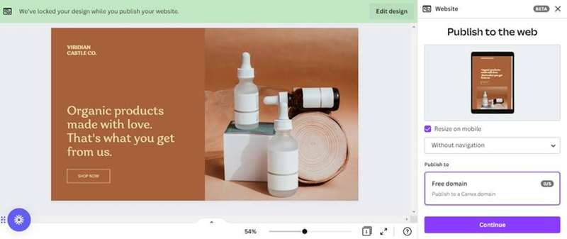 نمونه وب‌سایت خرده‌فروشی از وب‌سایت‌های کانوا که گزینه‌های انتشار به وب را نشان می‌دهد