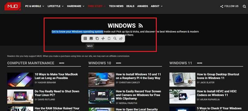 نوار ابزار SnipDo در بخش ویندوز وب‌سایت MUO