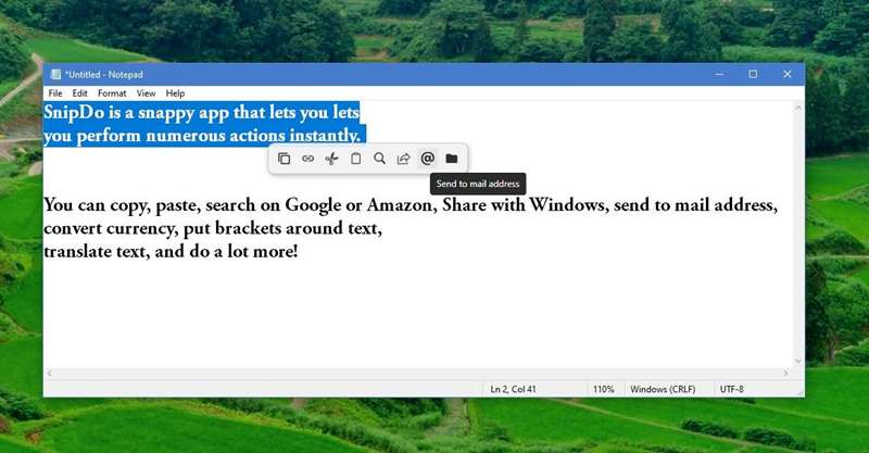نوار ابزار SnipDo زیر متن انتخاب شده در نوت‌پد ویندوز