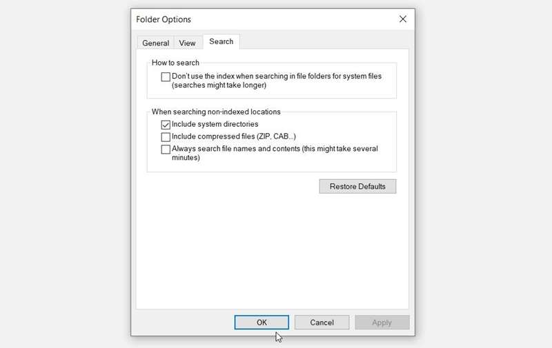 تب «جستجو» در صفحه گزینه‌های پوشه ویندوز