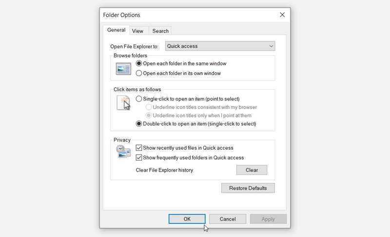 تب «عمومی» در صفحه گزینه‌های پوشه ویندوز