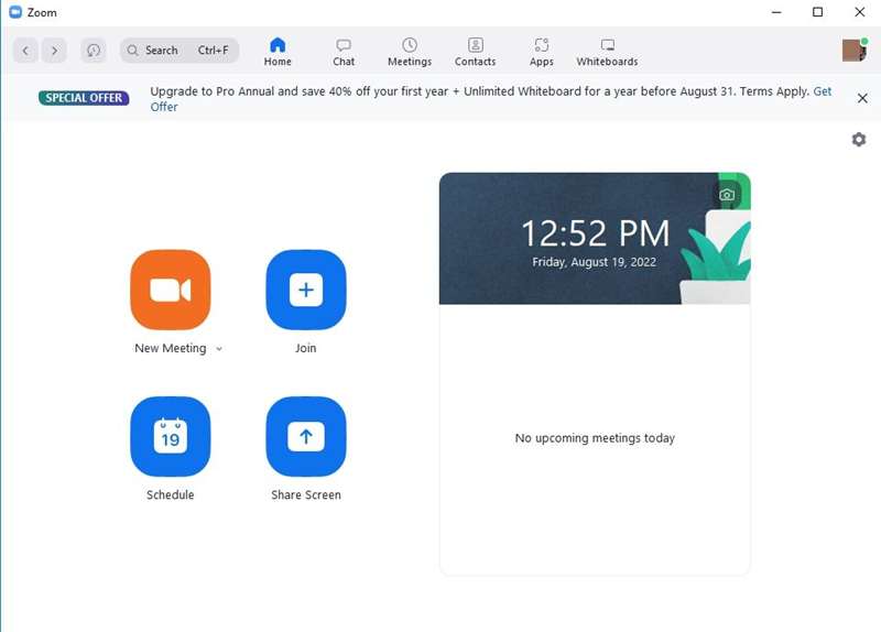 صفحهٔ اصلی Zoom در ویندوز 10
