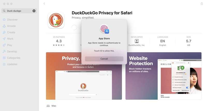 تصویر صفحه احراز هویت مک برای نصب DuckDuckGo Privacy Essentials