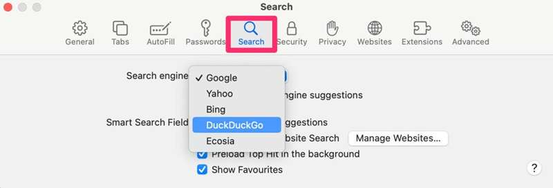 تصویر تنظیمات Safari برای تنظیم DuckDuckGo به‌عنوان موتور جستجوی پیش‌فرض