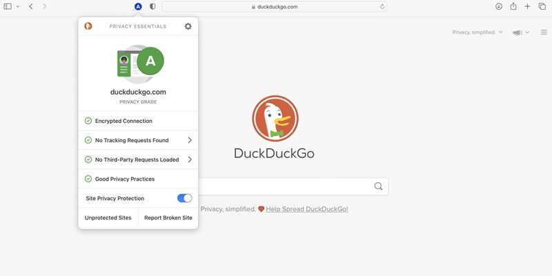 تصویر صفحه وضعیت حریم خصوصی DuckDuckGo.com