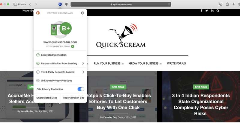 تصویر صفحه DuckDuckGo با نمره B+ و وضعیت حریم خصوصی
