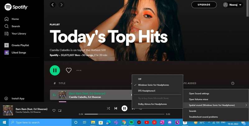 اسکرین‌شات Windows Sonic برای هدفون‌ها