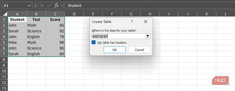 بخشی از داده‌های برجسته در کنار منوی ایجاد جدول در Excel